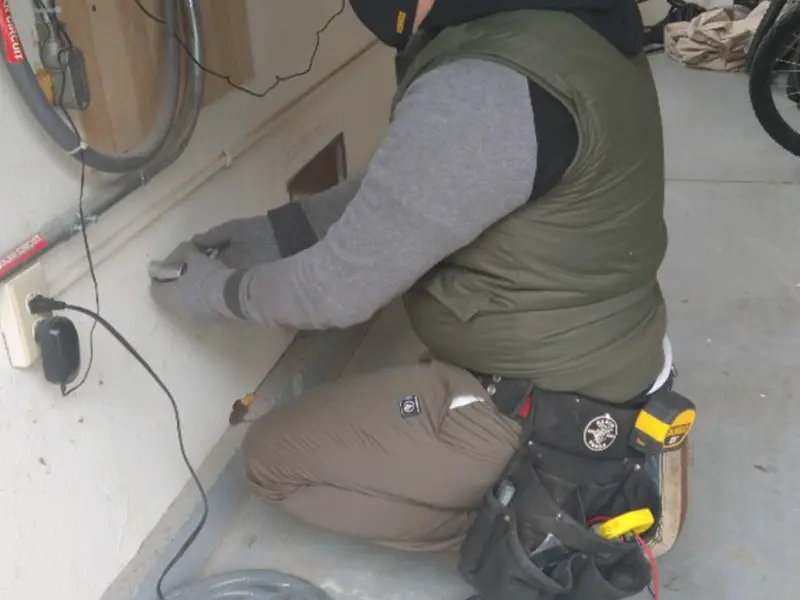 Electrician performing outlet wiring in a Meadowbrook garage